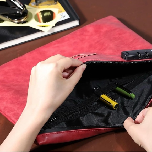 NWOT Red PU Leather Heavy Duty Zipper Document Bag w/ Combo Lock-13.6 in x 10 in - Picture 3 of 9